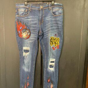 8IGHTH/DSTRKT Distressed Denim Jeans Embroidered Painted Flames 36 X 32 COOL!